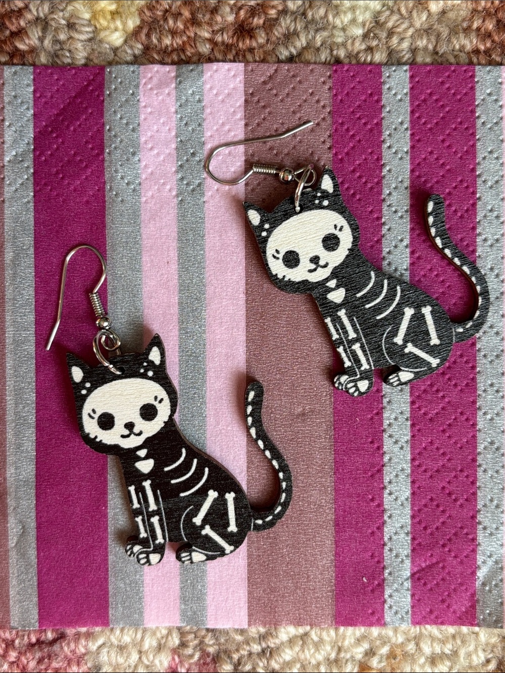 Tiny Skeleton Cat Earrings Smiling and sitting peacefully Halloween Fun NWT